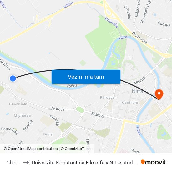 Chotárna to Univerzita Konštantína Filozofa v Nitre študentský domov UKF Nitra map