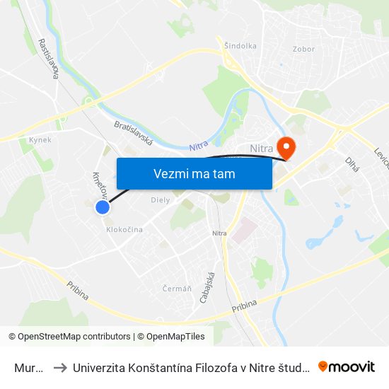 Murániho to Univerzita Konštantína Filozofa v Nitre študentský domov UKF Nitra map