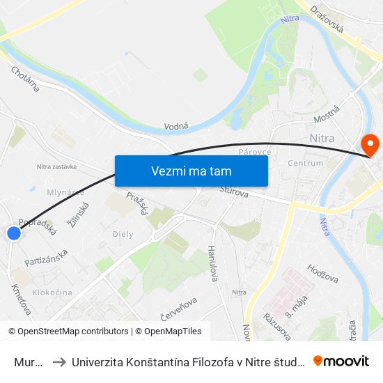 Murániho to Univerzita Konštantína Filozofa v Nitre študentský domov UKF Nitra map