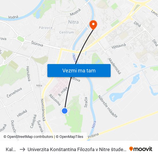 Kalvária to Univerzita Konštantína Filozofa v Nitre študentský domov UKF Nitra map