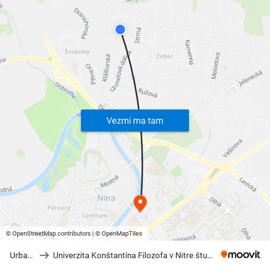 Urbancova to Univerzita Konštantína Filozofa v Nitre študentský domov UKF Nitra map