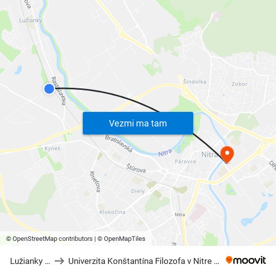 Lužianky Vinárska to Univerzita Konštantína Filozofa v Nitre študentský domov UKF Nitra map