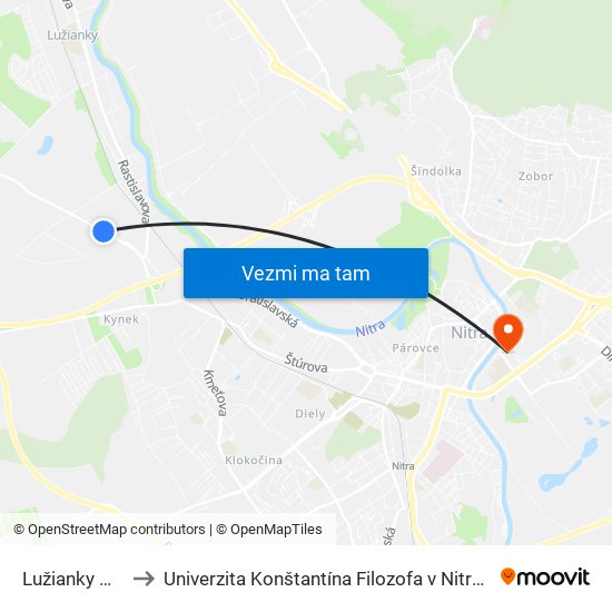 Lužianky Hlohovecká to Univerzita Konštantína Filozofa v Nitre študentský domov UKF Nitra map