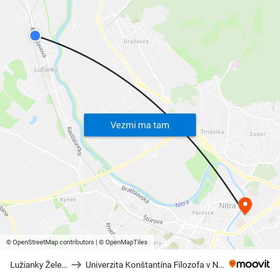 Lužianky Železničná Stanica to Univerzita Konštantína Filozofa v Nitre študentský domov UKF Nitra map