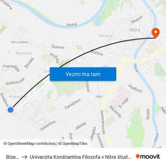 Bizetova to Univerzita Konštantína Filozofa v Nitre študentský domov UKF Nitra map