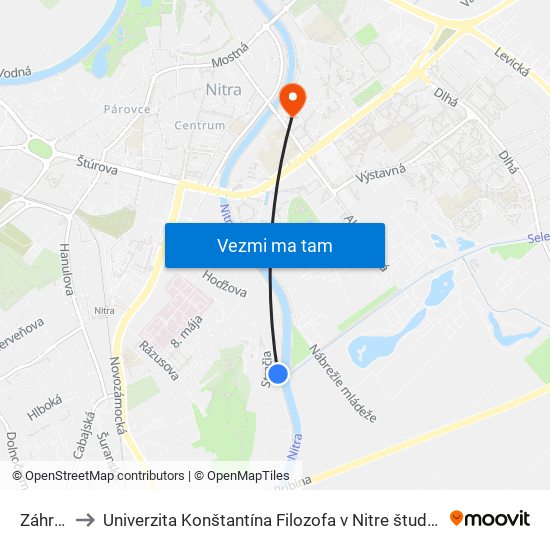 Záhradná to Univerzita Konštantína Filozofa v Nitre študentský domov UKF Nitra map