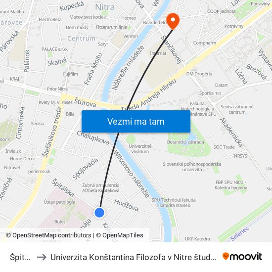 Špitálska to Univerzita Konštantína Filozofa v Nitre študentský domov UKF Nitra map