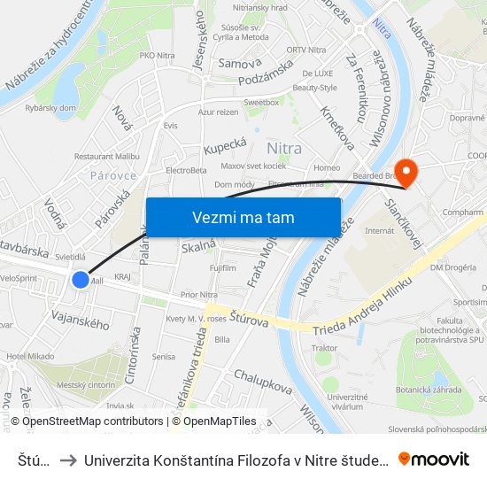 Štúrova to Univerzita Konštantína Filozofa v Nitre študentský domov UKF Nitra map