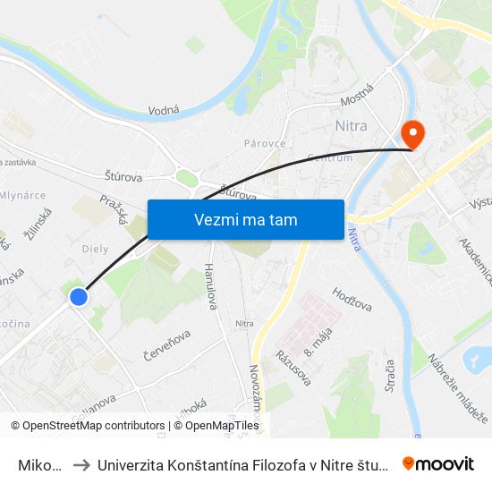 Mikovíniho to Univerzita Konštantína Filozofa v Nitre študentský domov UKF Nitra map