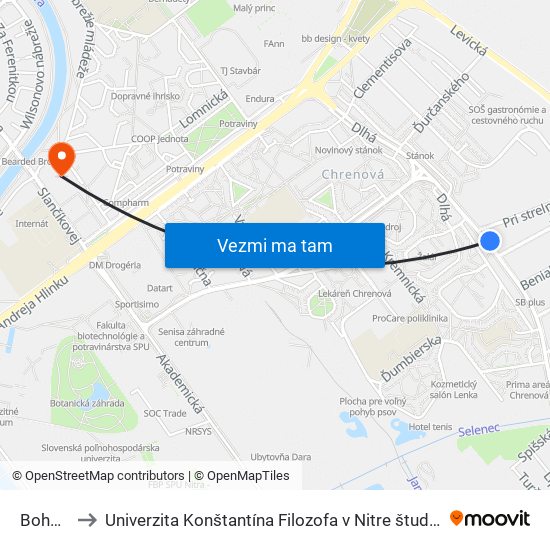 Bohúňova to Univerzita Konštantína Filozofa v Nitre študentský domov UKF Nitra map