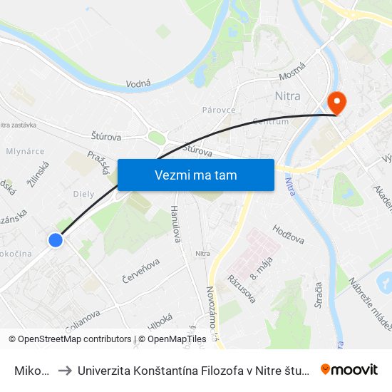 Mikovíniho to Univerzita Konštantína Filozofa v Nitre študentský domov UKF Nitra map