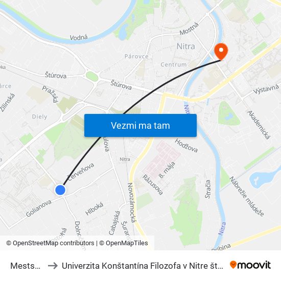 Mestská Hala to Univerzita Konštantína Filozofa v Nitre študentský domov UKF Nitra map