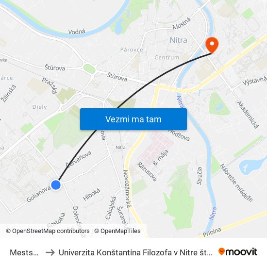 Mestská Hala to Univerzita Konštantína Filozofa v Nitre študentský domov UKF Nitra map