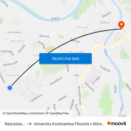 Rázcestie Kmeťova to Univerzita Konštantína Filozofa v Nitre študentský domov UKF Nitra map