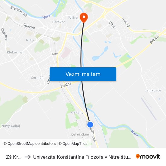 Zš Krškany to Univerzita Konštantína Filozofa v Nitre študentský domov UKF Nitra map