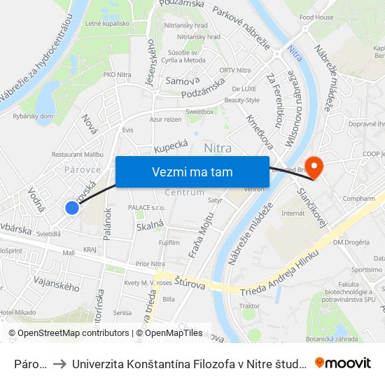 Párovská to Univerzita Konštantína Filozofa v Nitre študentský domov UKF Nitra map