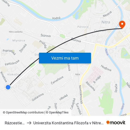 Rázcestie Kmeťova to Univerzita Konštantína Filozofa v Nitre študentský domov UKF Nitra map