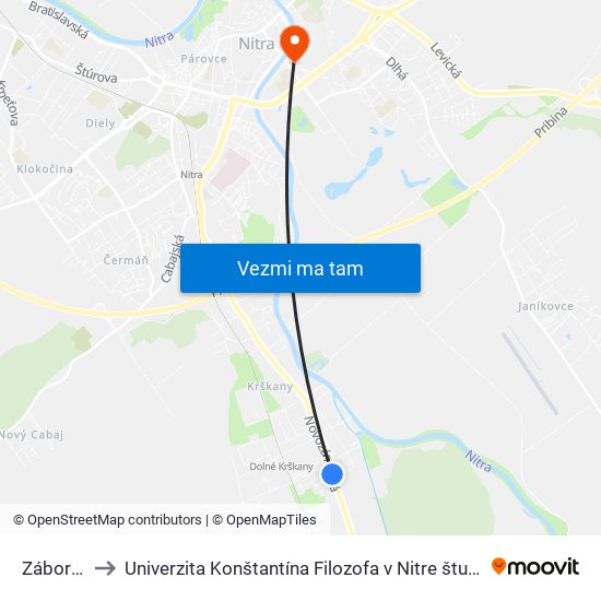 Záborského to Univerzita Konštantína Filozofa v Nitre študentský domov UKF Nitra map