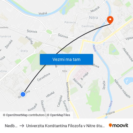 Nedbalova to Univerzita Konštantína Filozofa v Nitre študentský domov UKF Nitra map