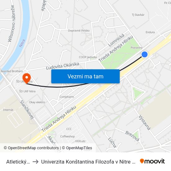 Atletický Štadión to Univerzita Konštantína Filozofa v Nitre študentský domov UKF Nitra map