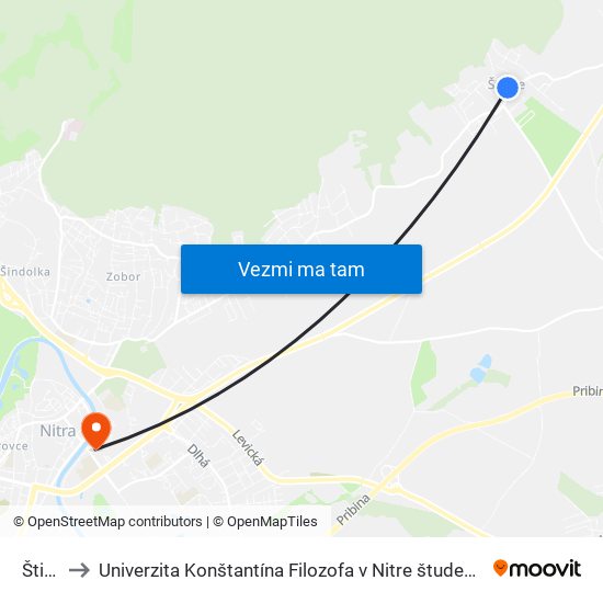 Štitáre to Univerzita Konštantína Filozofa v Nitre študentský domov UKF Nitra map