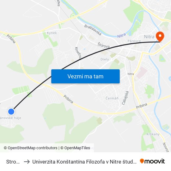 Stromová to Univerzita Konštantína Filozofa v Nitre študentský domov UKF Nitra map