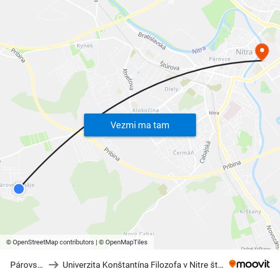 Párovské Háje to Univerzita Konštantína Filozofa v Nitre študentský domov UKF Nitra map