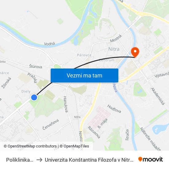 Poliklinika Klokočina to Univerzita Konštantína Filozofa v Nitre študentský domov UKF Nitra map