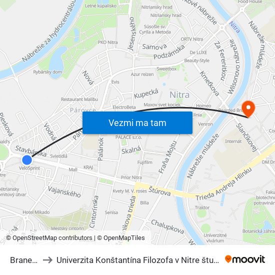 Braneckého to Univerzita Konštantína Filozofa v Nitre študentský domov UKF Nitra map