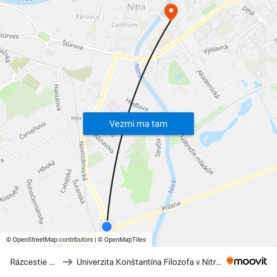 Rázcestie Priemyselná to Univerzita Konštantína Filozofa v Nitre študentský domov UKF Nitra map