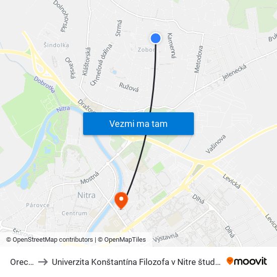 Orechová to Univerzita Konštantína Filozofa v Nitre študentský domov UKF Nitra map