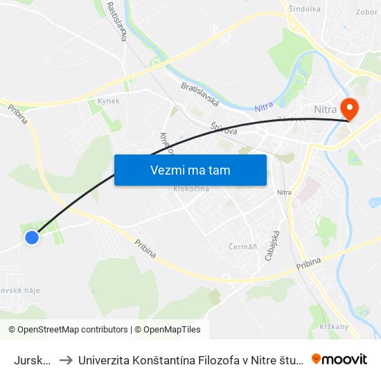 Jurský Dvor to Univerzita Konštantína Filozofa v Nitre študentský domov UKF Nitra map