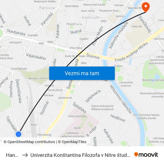 Hanulova to Univerzita Konštantína Filozofa v Nitre študentský domov UKF Nitra map