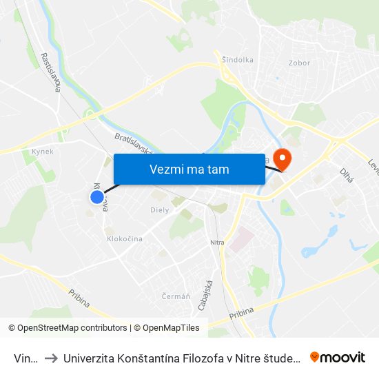 Viničky to Univerzita Konštantína Filozofa v Nitre študentský domov UKF Nitra map