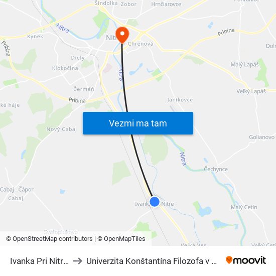 Ivanka Pri Nitre Kultúrny Dom to Univerzita Konštantína Filozofa v Nitre študentský domov UKF Nitra map