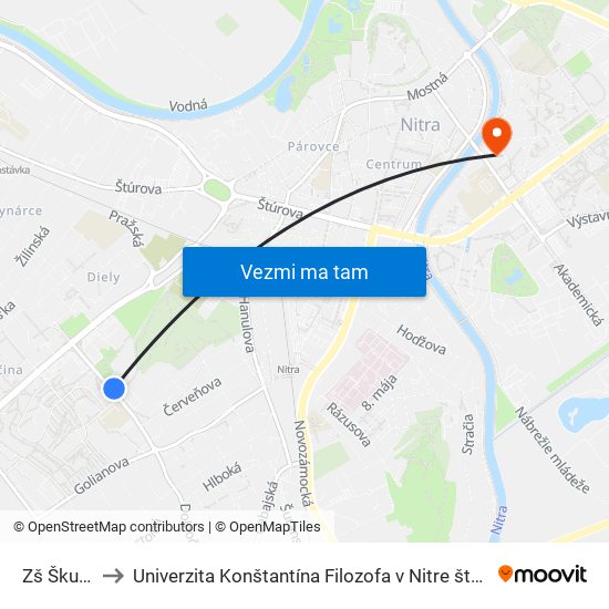 Zš Škultétyho to Univerzita Konštantína Filozofa v Nitre študentský domov UKF Nitra map