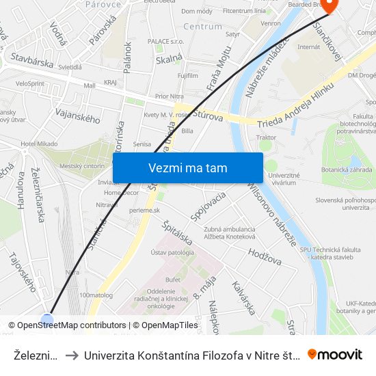 Železničiarska to Univerzita Konštantína Filozofa v Nitre študentský domov UKF Nitra map