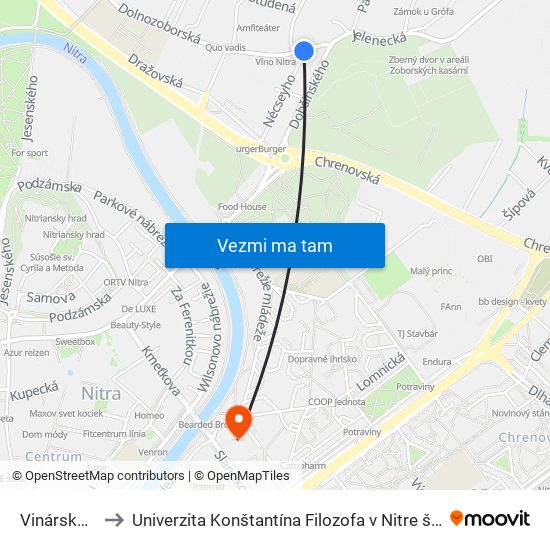 Vinárske Závody to Univerzita Konštantína Filozofa v Nitre študentský domov UKF Nitra map