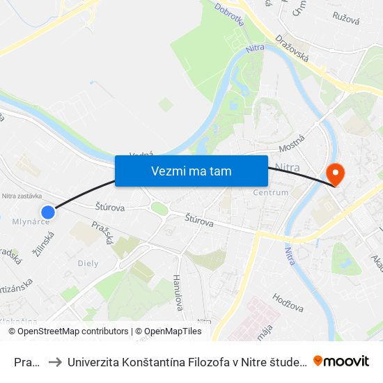 Pražská to Univerzita Konštantína Filozofa v Nitre študentský domov UKF Nitra map