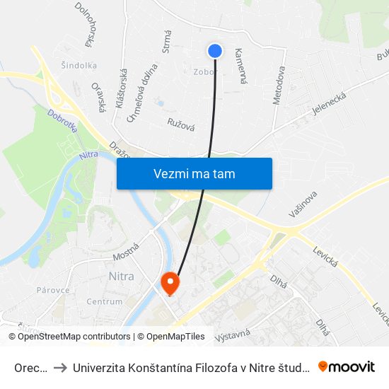 Orechová to Univerzita Konštantína Filozofa v Nitre študentský domov UKF Nitra map