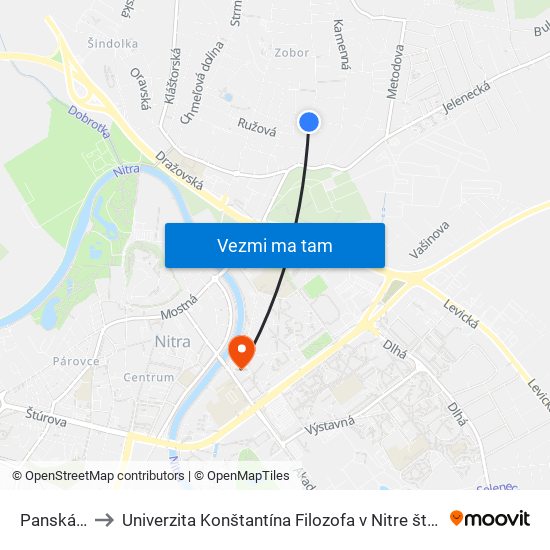 Panská Dolina to Univerzita Konštantína Filozofa v Nitre študentský domov UKF Nitra map