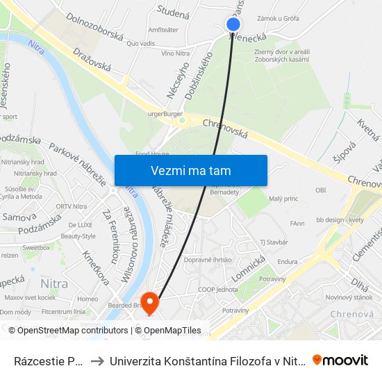 Rázcestie Panská Dolina to Univerzita Konštantína Filozofa v Nitre študentský domov UKF Nitra map