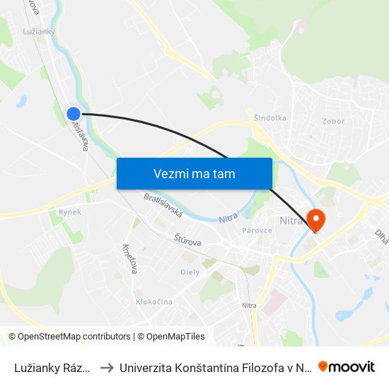 Lužianky Rázcestie Vinárska to Univerzita Konštantína Filozofa v Nitre študentský domov UKF Nitra map