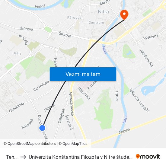 Tehelná to Univerzita Konštantína Filozofa v Nitre študentský domov UKF Nitra map