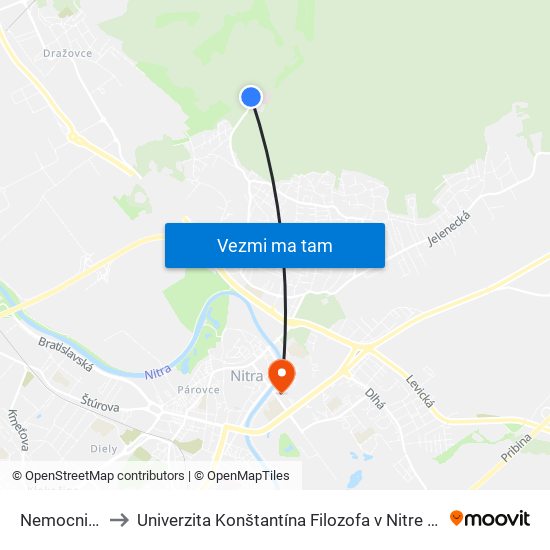 Nemocnica Zobor to Univerzita Konštantína Filozofa v Nitre študentský domov UKF Nitra map