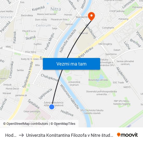 Hodžova to Univerzita Konštantína Filozofa v Nitre študentský domov UKF Nitra map