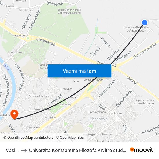 Vašinova to Univerzita Konštantína Filozofa v Nitre študentský domov UKF Nitra map