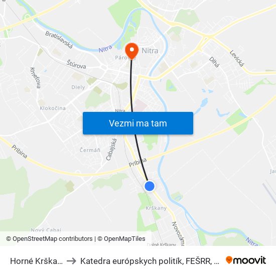 Horné Krškany to Katedra európskych politík, FEŠRR, SPU map