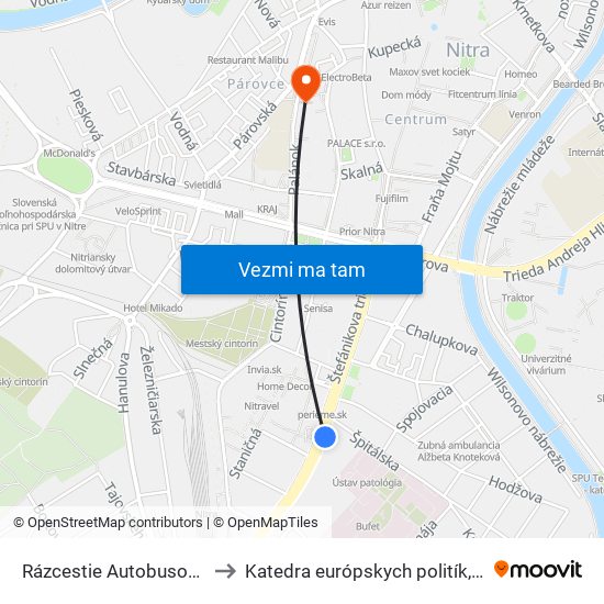 Rázcestie Autobusová Stanica to Katedra európskych politík, FEŠRR, SPU map