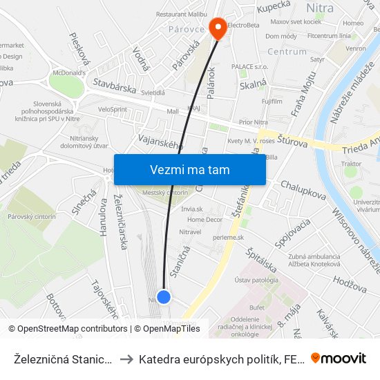 Železničná Stanica Nitra to Katedra európskych politík, FEŠRR, SPU map